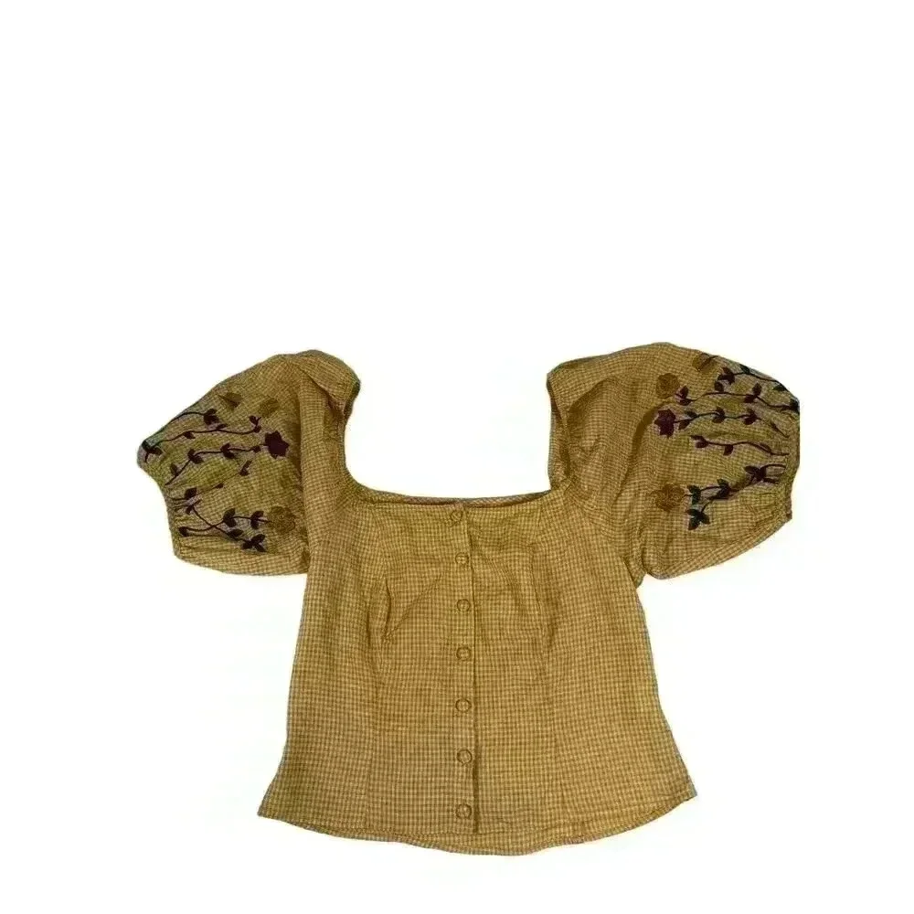 NWOT small Anthropologie Samant Chauhan Amabella yellow embroidered peasant top - Picture 2 of 7